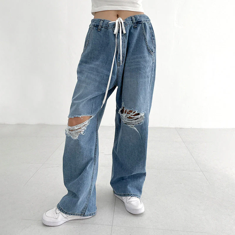 Hip Hop Irregular Ripped High Waist Tie Loose Pants - Image 2