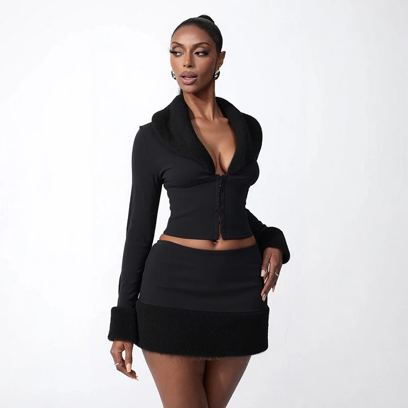 Hook-Button Lapel Top Hip-Hugging Mini Skirt Suit - Image 2