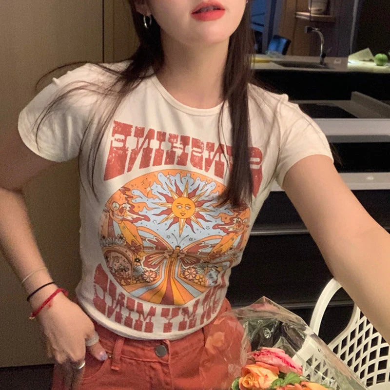 Indie Print Short Sleeve Crop Top - Image 2