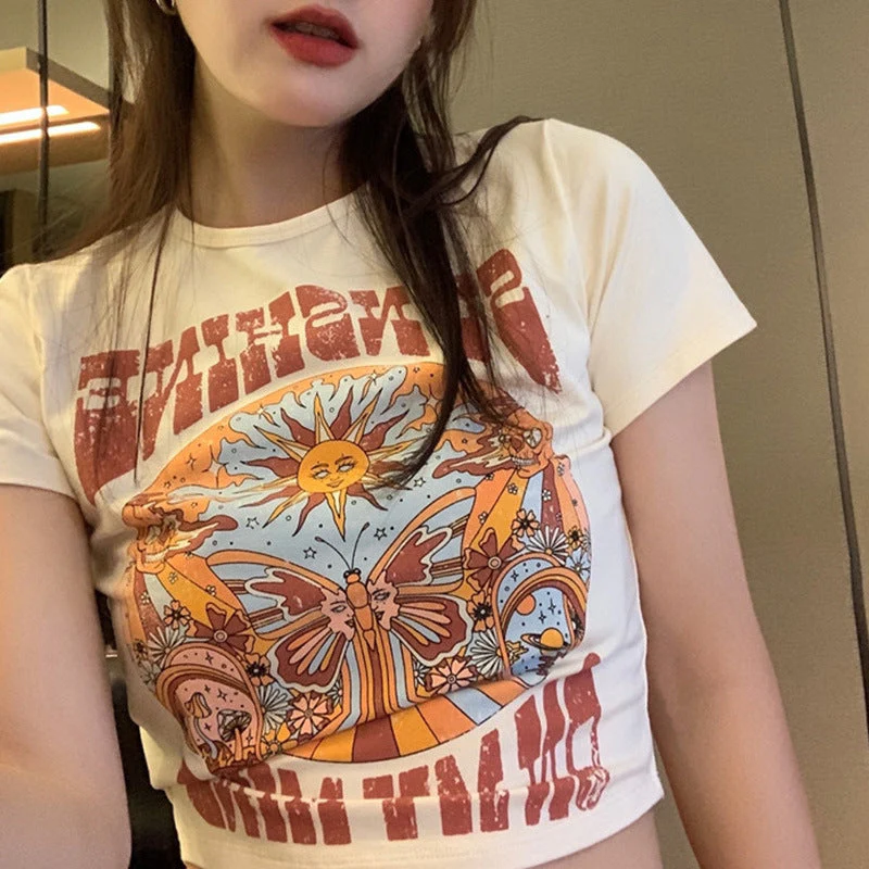 Indie Print Short Sleeve Crop Top - Image 4