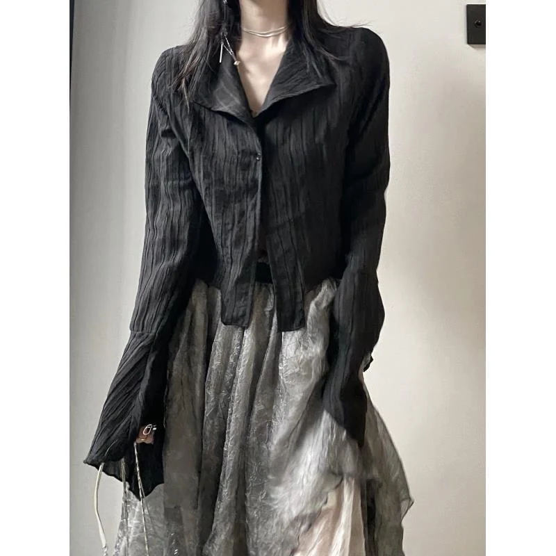 Irregular Striped Long Sleeve Button Down Blouse - Image 6