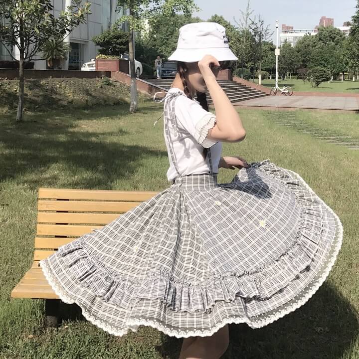 Japanese Grid Blouse Braces Skirt Set - Image 2
