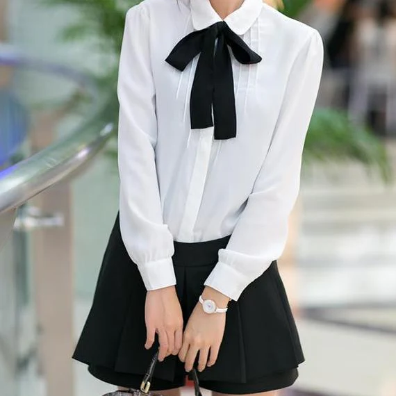 Bowknot Tie Sweet Chiffon Blouse - Image 4