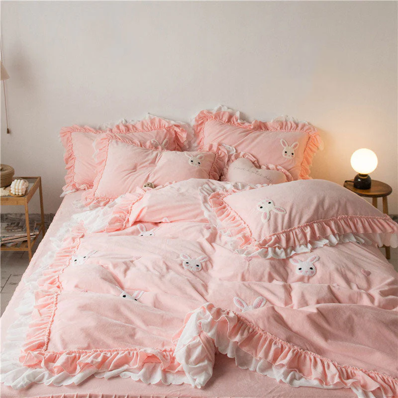 Kawaii Flower Rabbit Velvet Bed Sheet Set - Image 4