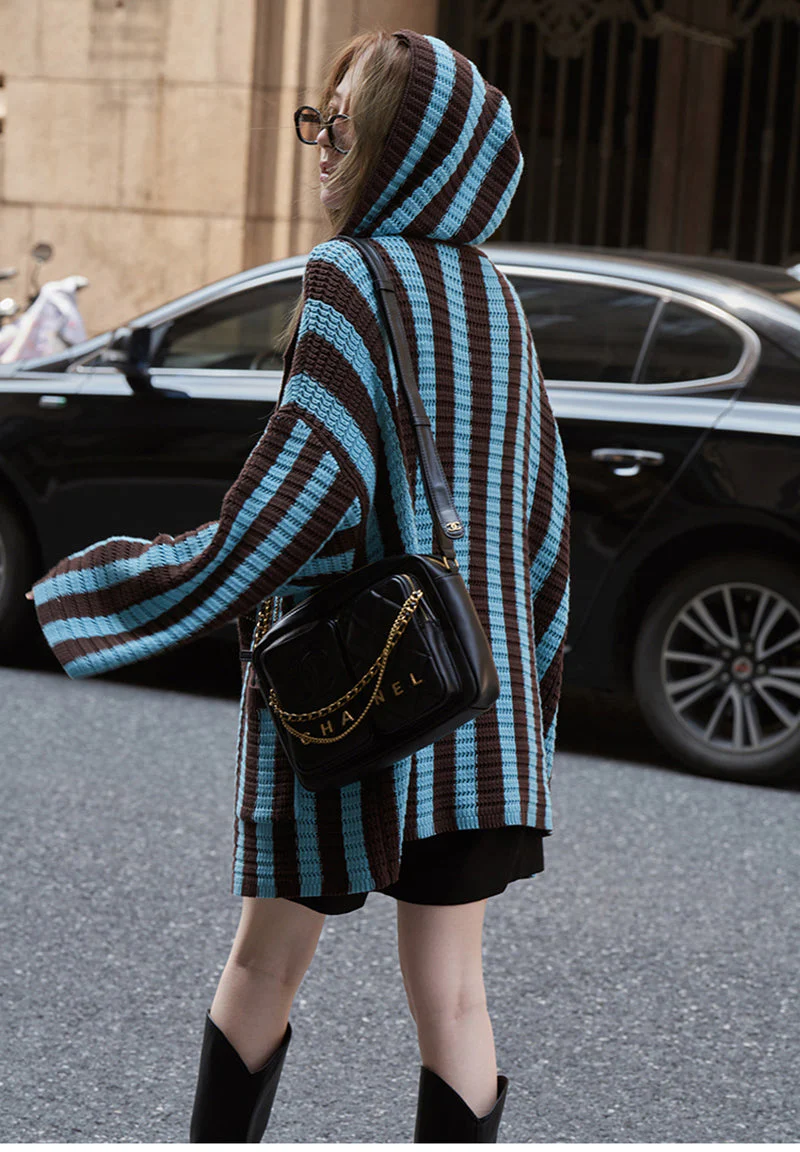 Knit Contrast Color Stripe Hooded Cardigan - Image 10