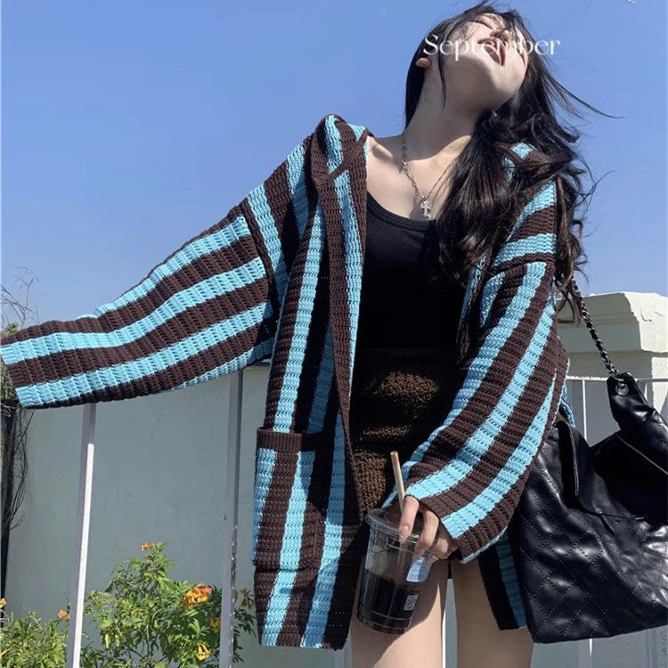 Knit Contrast Color Stripe Hooded Cardigan - Image 2