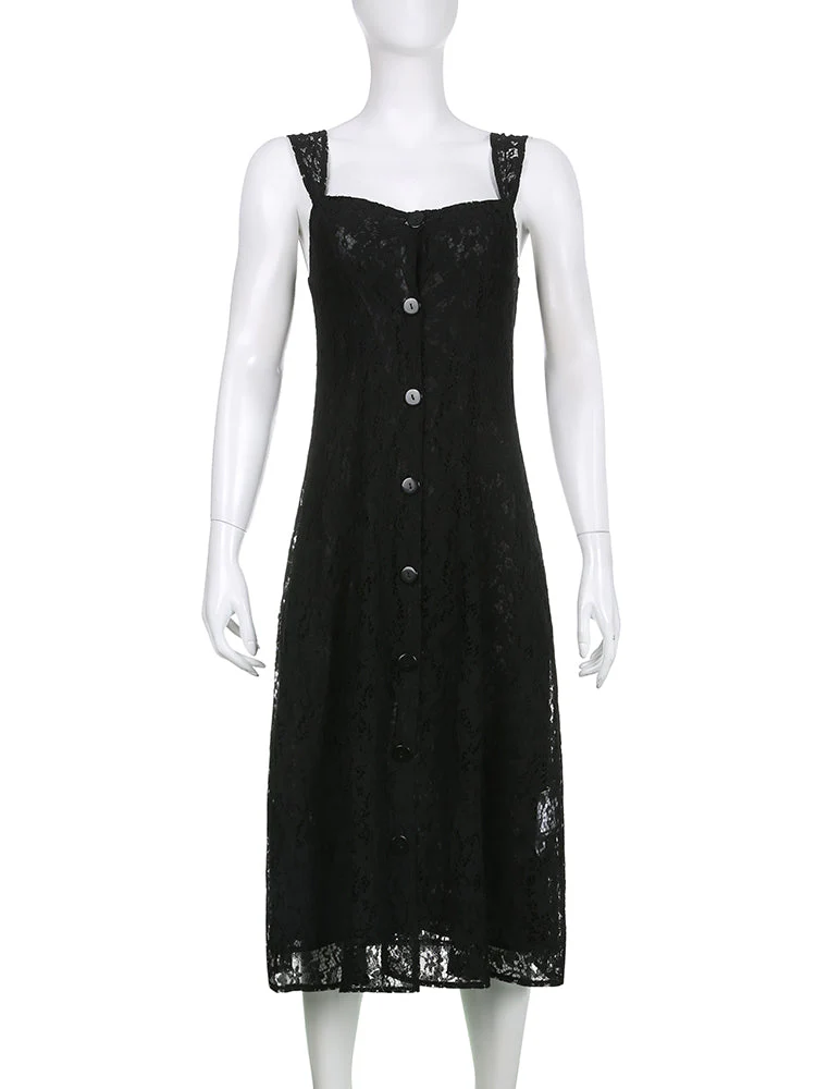 Lace Button Front Black Maxi Dress - Image 7