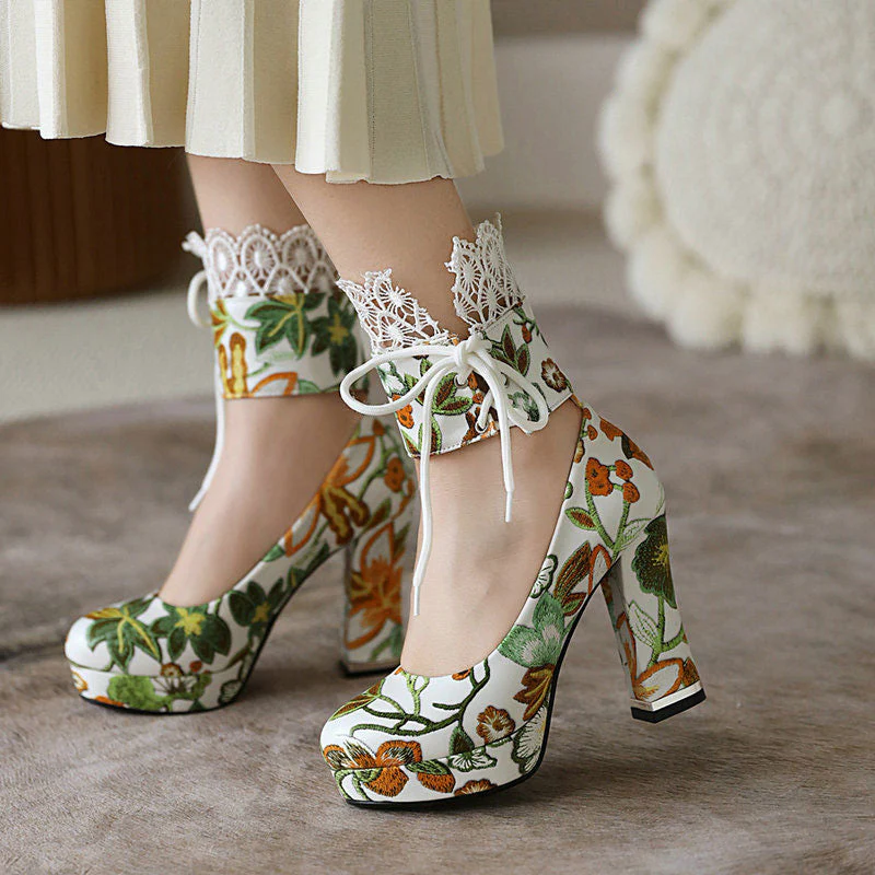 Lace Floral Chunky Heels Shoes - Image 2