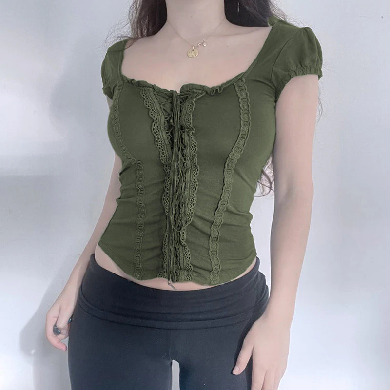Lace Patchwork Fairy Grunge Crop Top - Image 2
