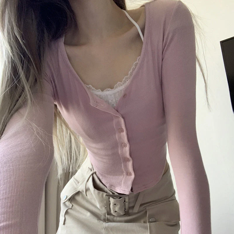 Lace Trim Knit Long Sleeve Button Crop Top - Image 4