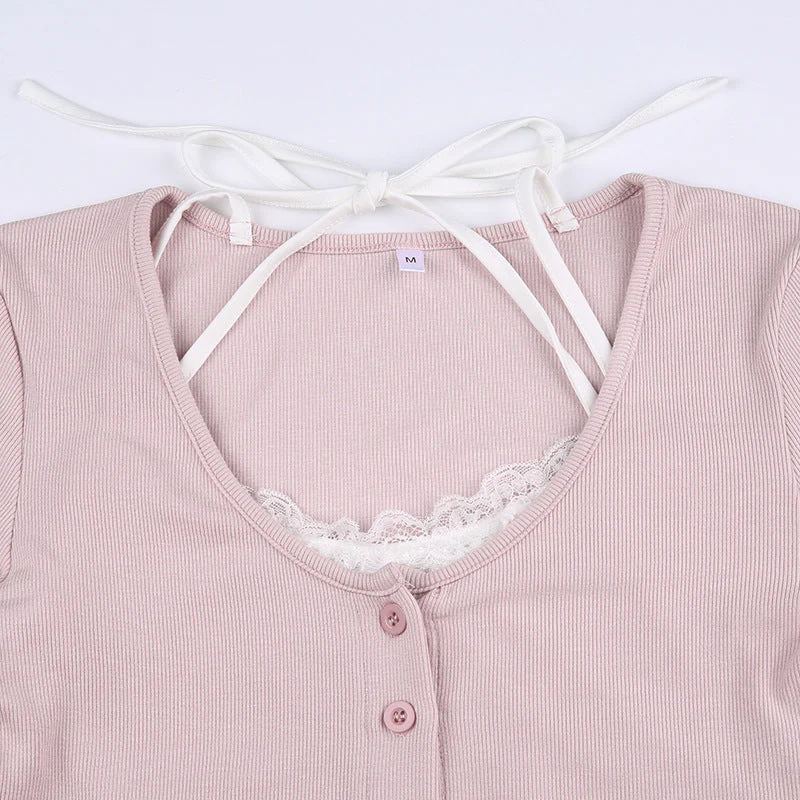 Lace Trim Knit Long Sleeve Button Crop Top - Image 5