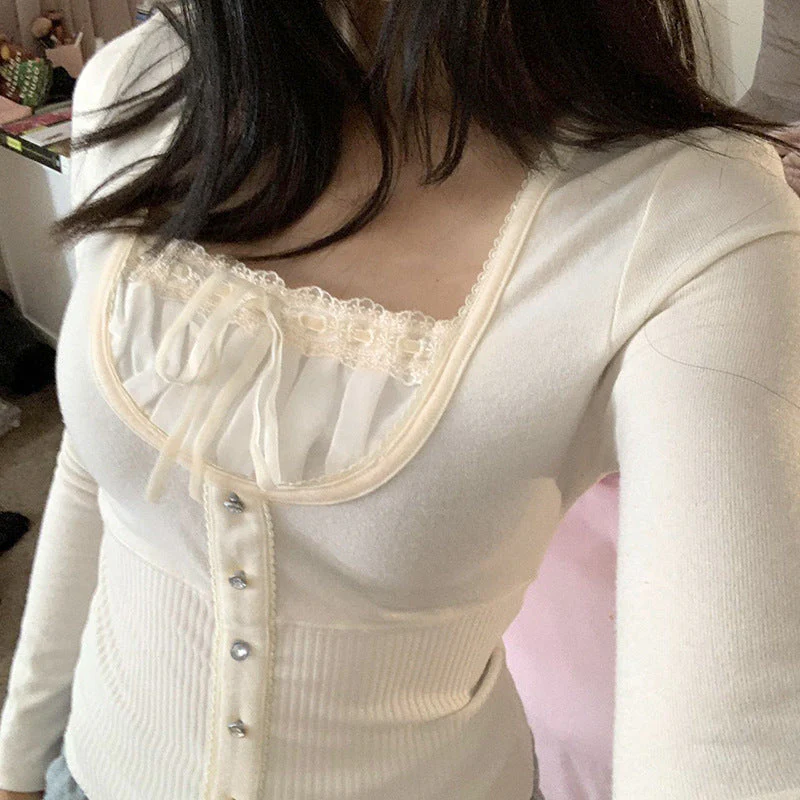 Lace Trim Patchwork Knit Top - Image 4
