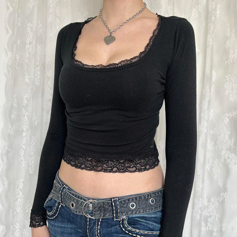 Lace Trim Splice Square Neck Crop Long Sleeve Tee - Image 2