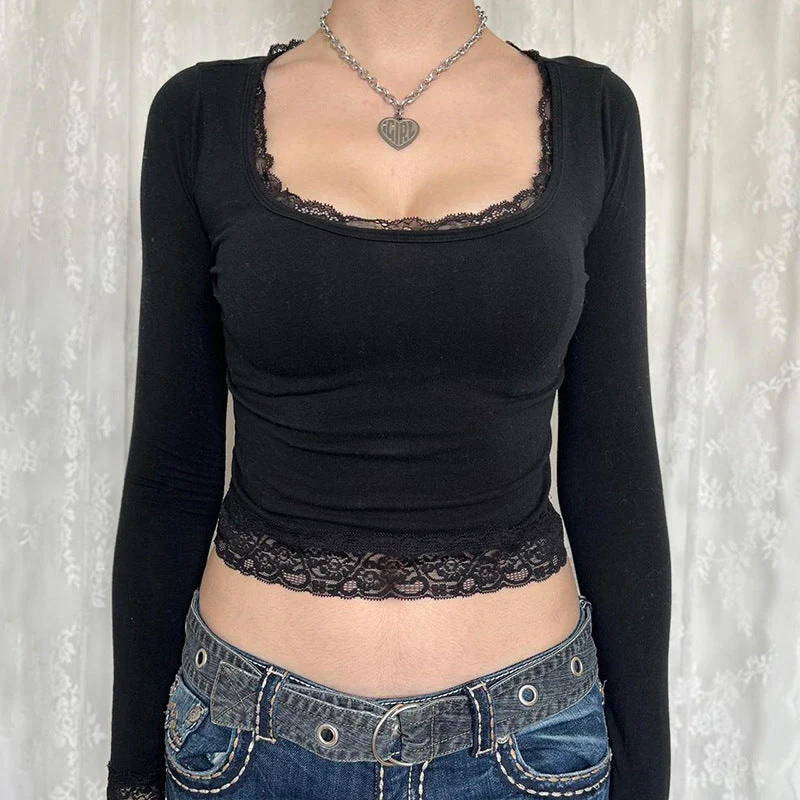 Lace Trim Splice Square Neck Crop Long Sleeve Tee - Image 6