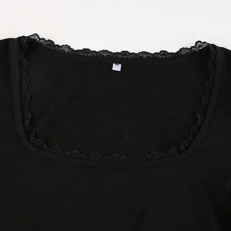 Lace Trim Splice Square Neck Crop Long Sleeve Tee - Image 8