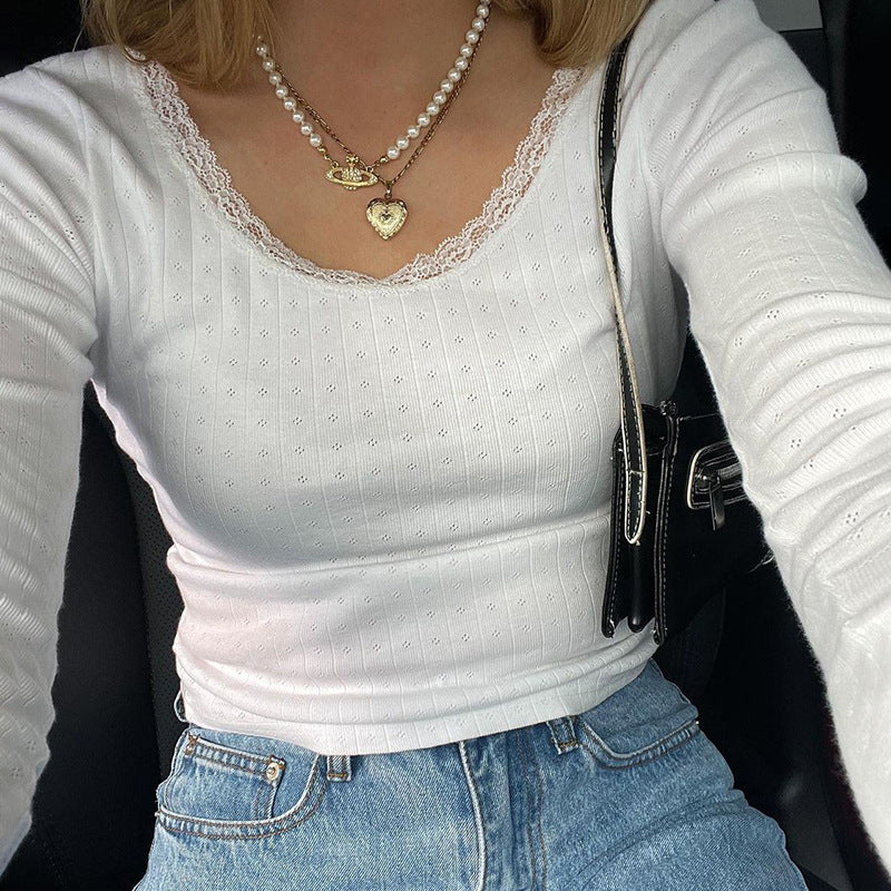 Lace Trim White Knit Top