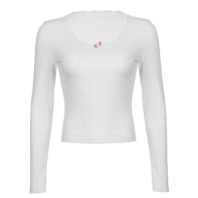 Lace Trim White Ribbed Knit Top - Image 11