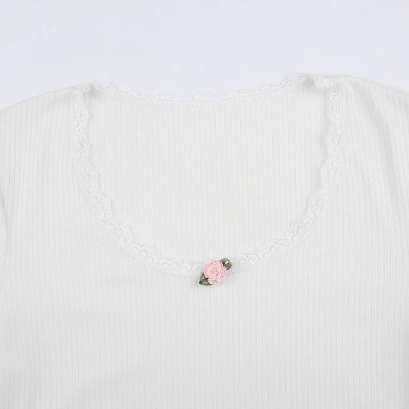Lace Trim White Ribbed Knit Top - Image 9