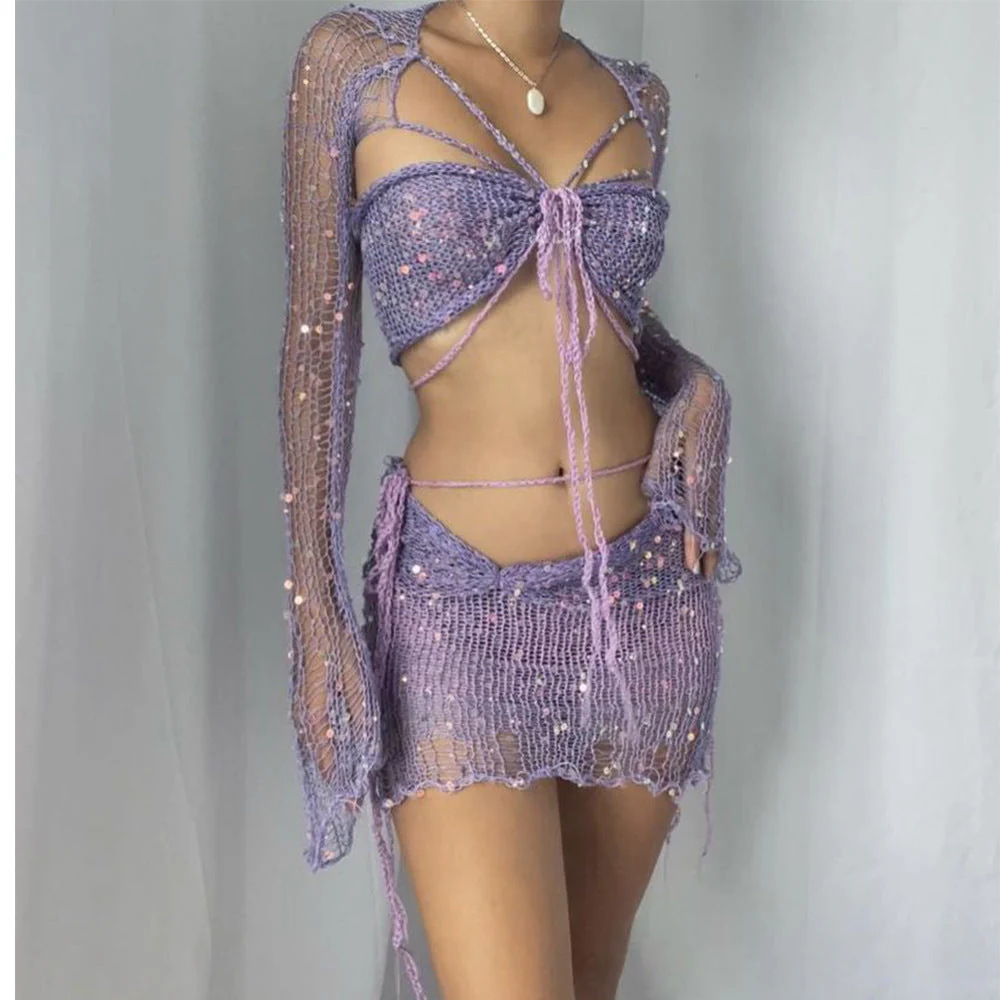 Lace Up Crochet Knit Two Piece Set - Image 9