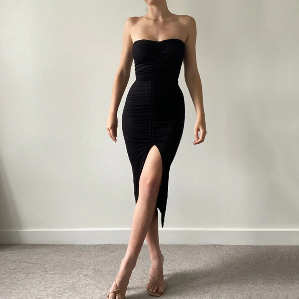 Lace Up Drawstring Ruched Side Slit Midi Dress - Image 5