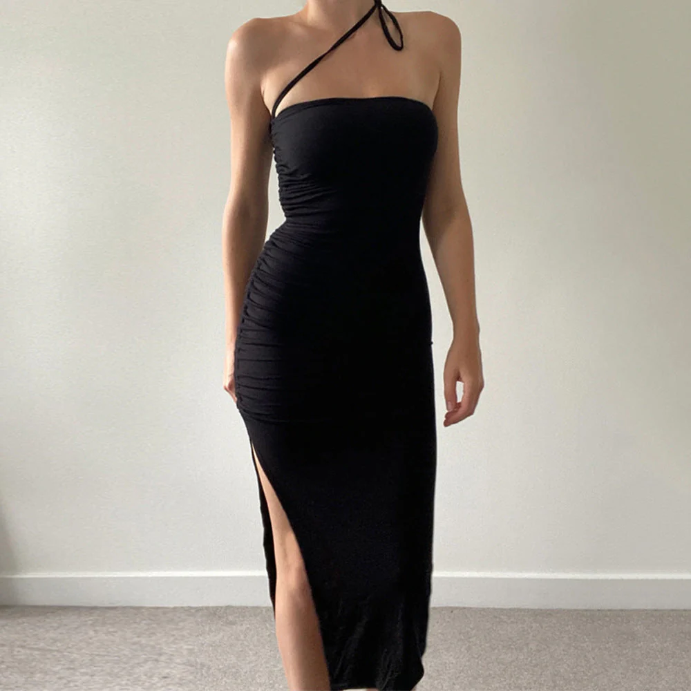 Lace Up Drawstring Ruched Side Slit Midi Dress - Image 8