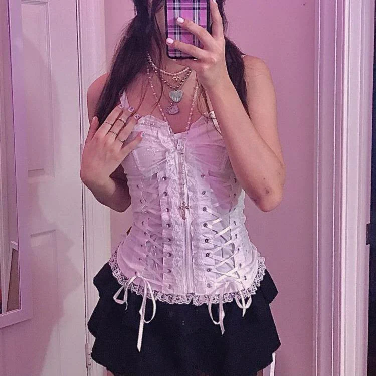 Lace Up Ruffle Jacquard Mesh Top - Image 3