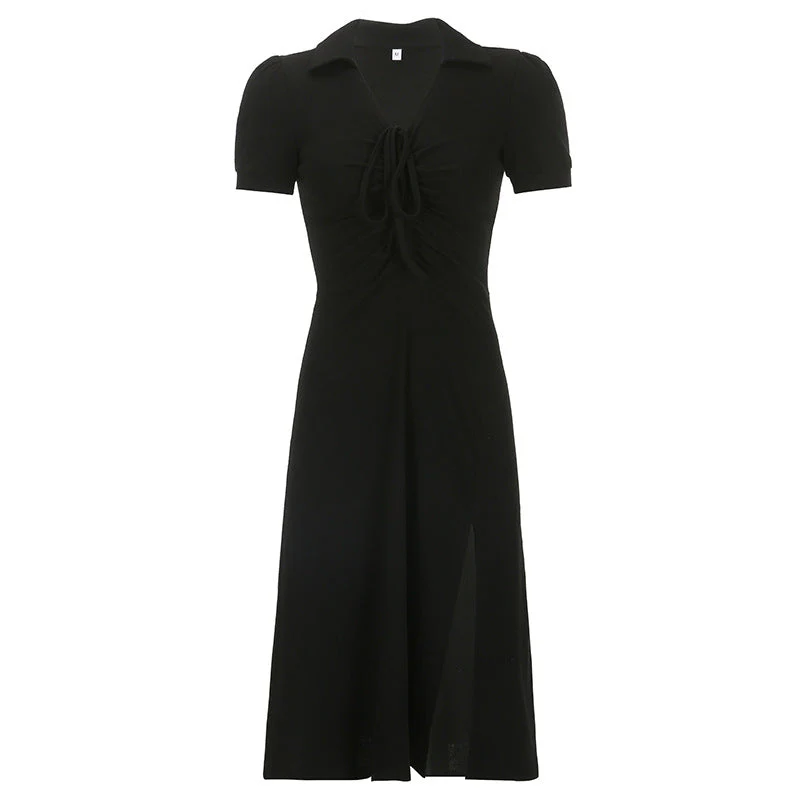 Lace Up Slit Knitted Black Maxi Dress - Image 6