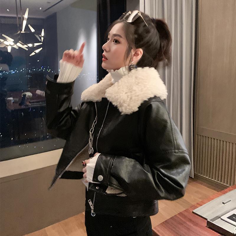 Lamb Wool Collar Pu Leather Jacket - Image 2