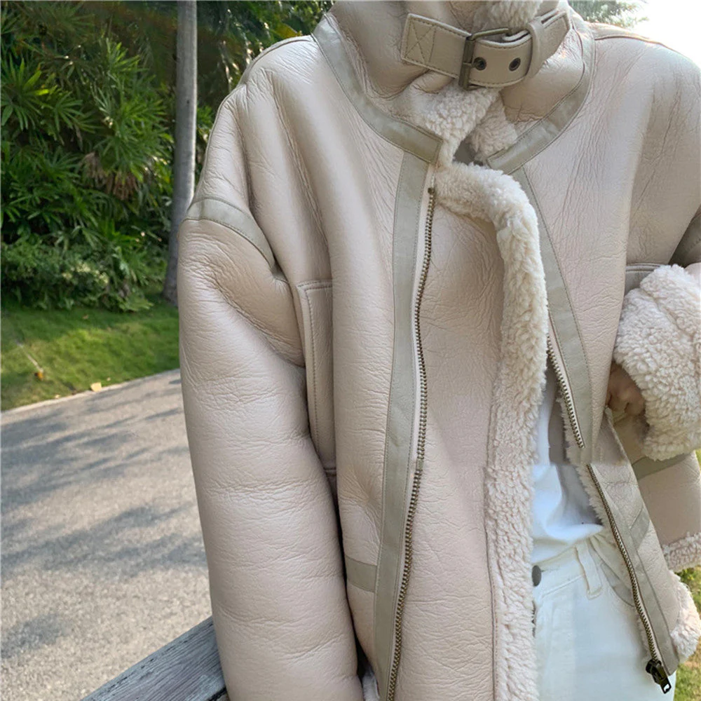 Lamb Wool Motorcycle Leather Jacket - Image 2