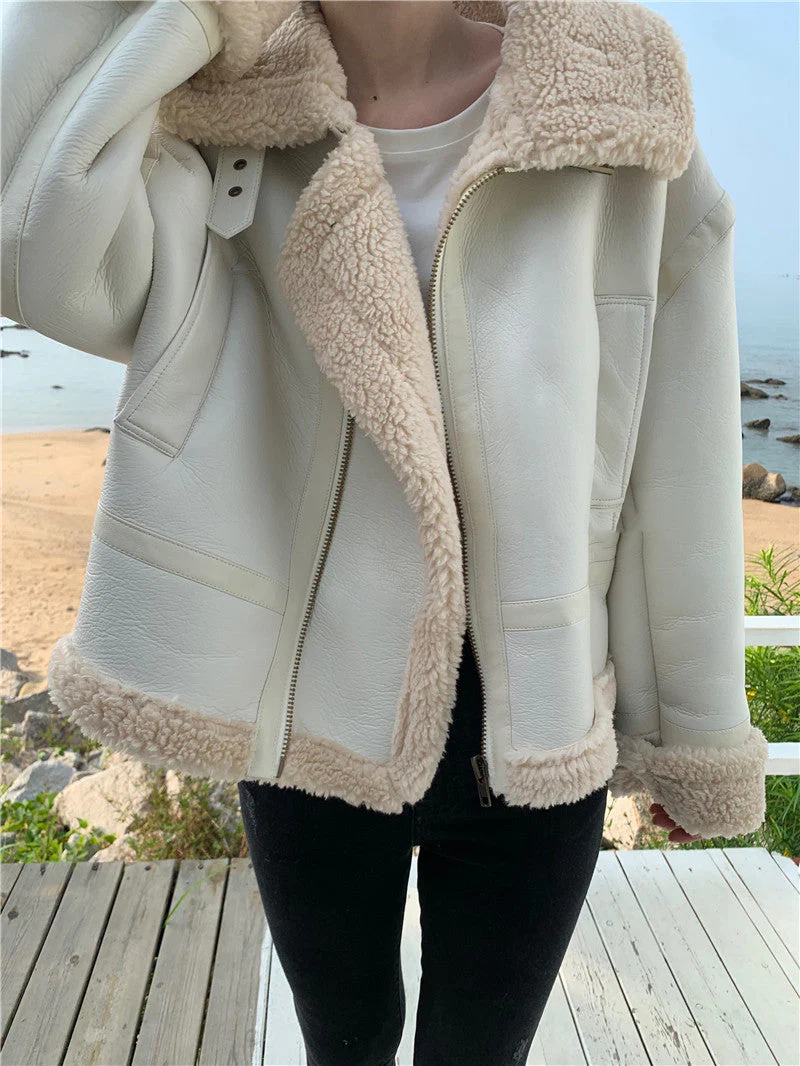 Lamb Wool Motorcycle Leather Jacket - Image 3