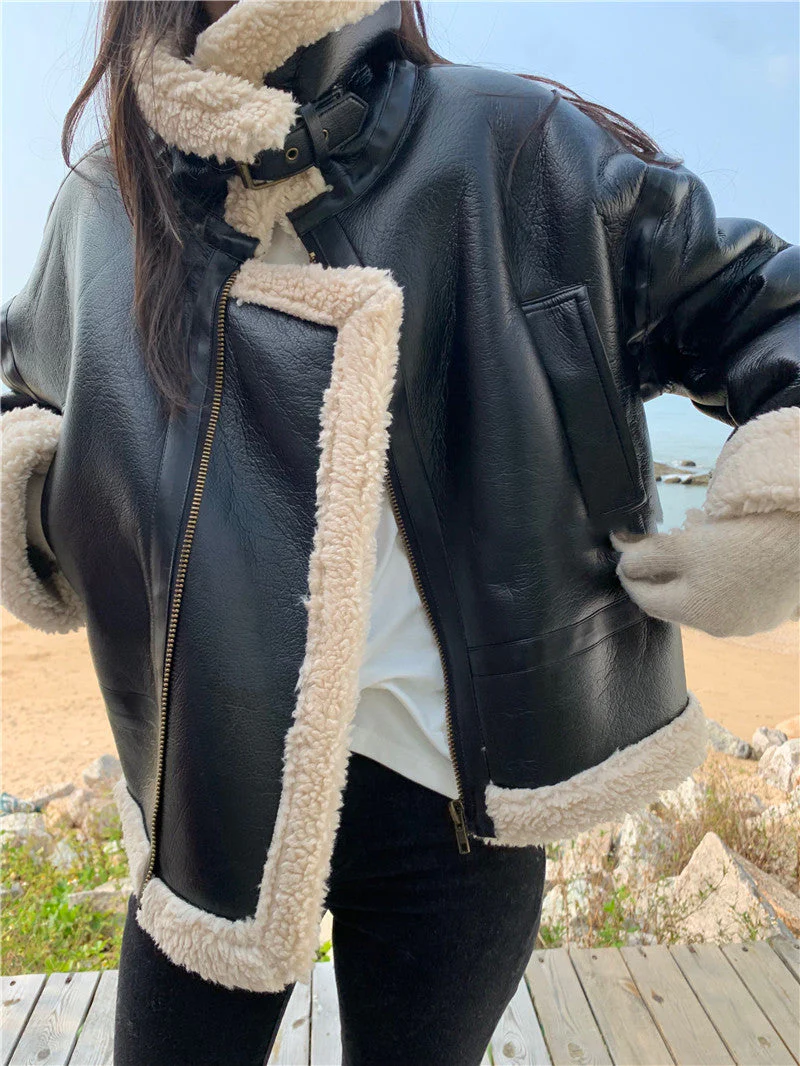 Lamb Wool Motorcycle Leather Jacket - Image 5