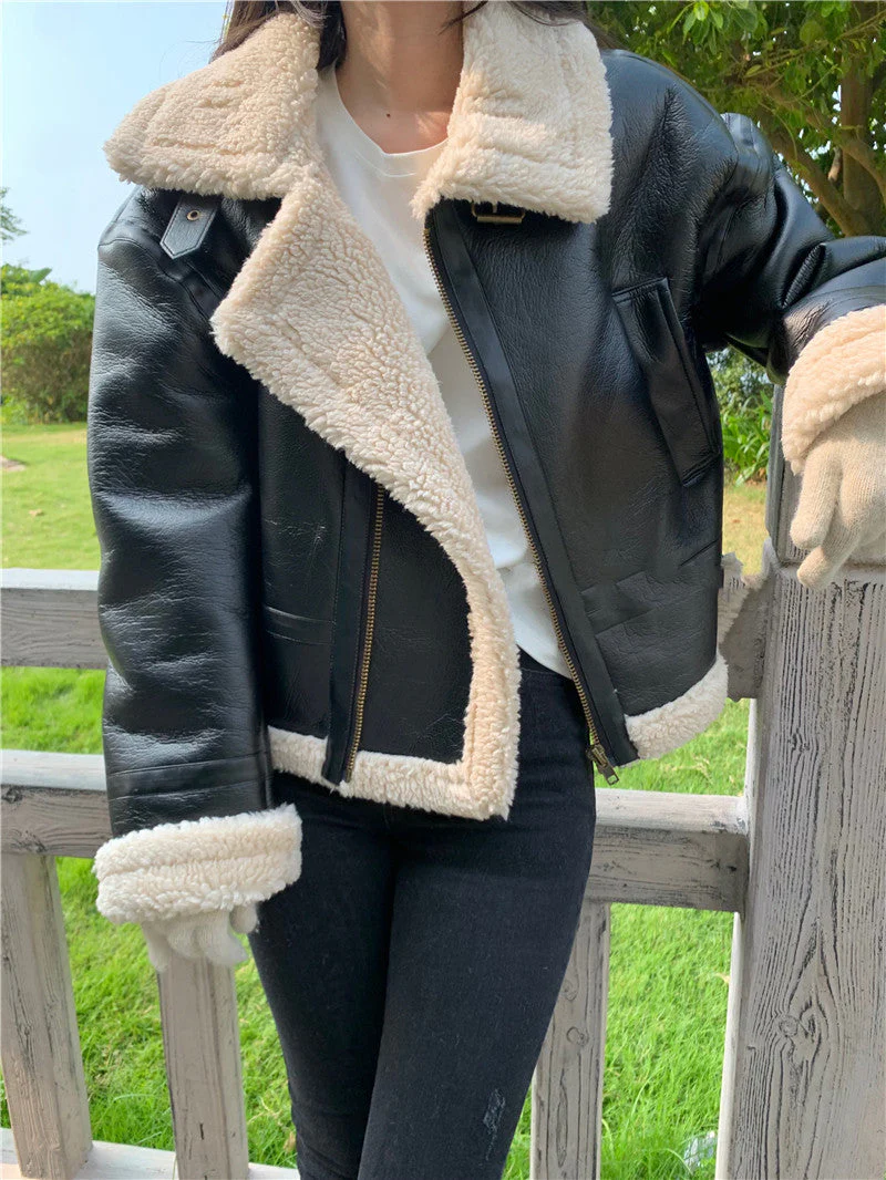 Lamb Wool Motorcycle Leather Jacket - Image 7