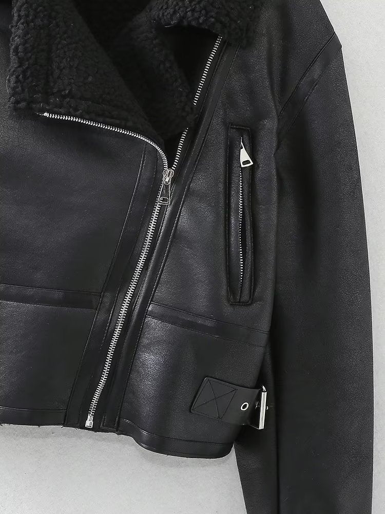 Lamb Wool Zip Up Pu Leather Jacket - Image 11