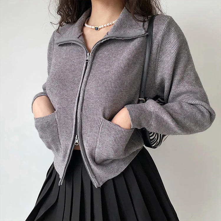 Lapel Double Zip Turtleneck Knitted Sweater - Image 3