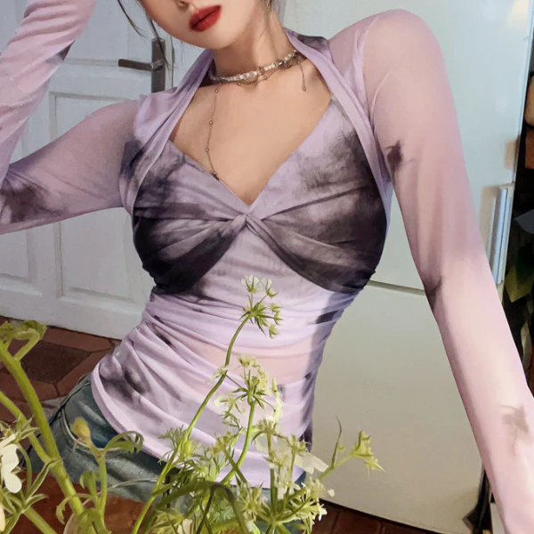 Lavender Contrasting Mesh Long Sleeve Top
