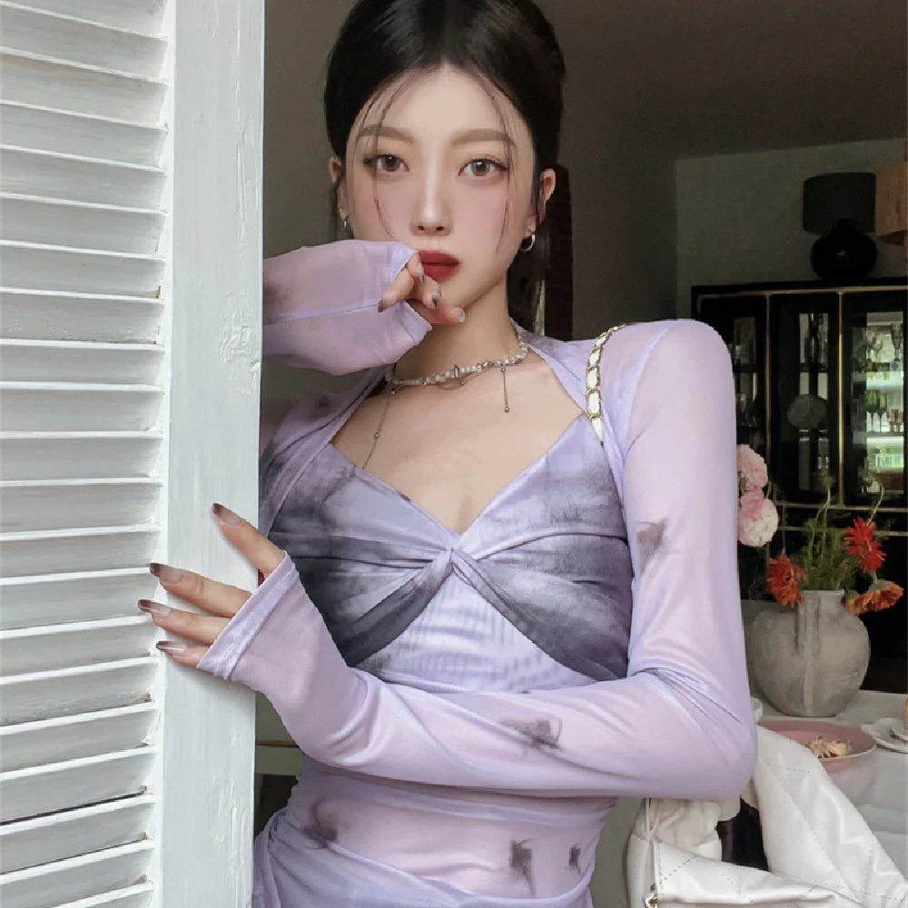 Lavender Contrasting Mesh Long Sleeve Top - Image 2