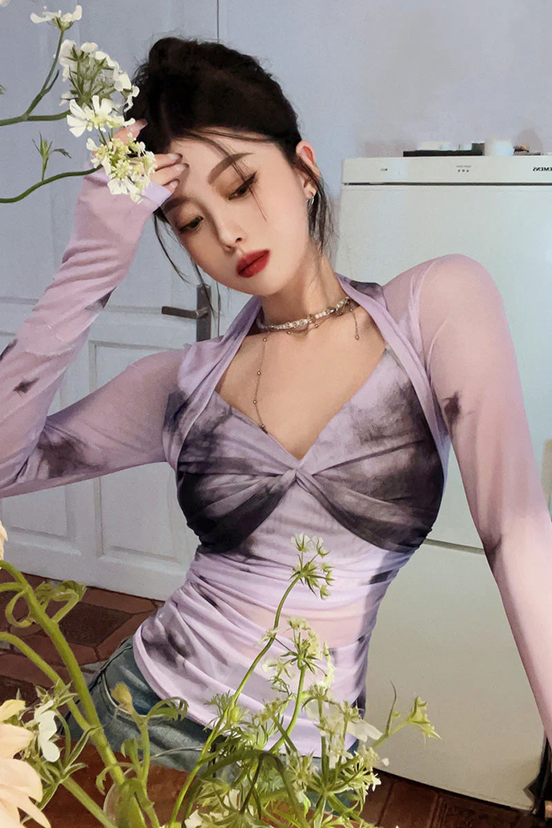 Lavender Contrasting Mesh Long Sleeve Top - Image 6
