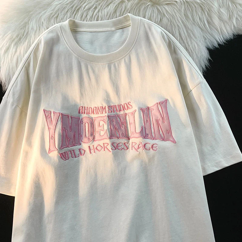 Letter Embroidery Oversized Short Sleeve Tee - Image 2