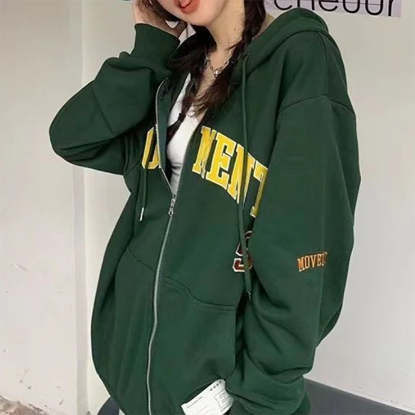 Letter Embroidery Oversized Zip Up Hoodie