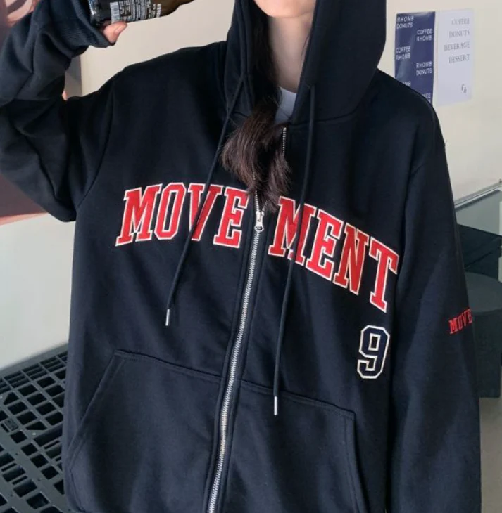 Letter Embroidery Oversized Zip Up Hoodie - Image 9