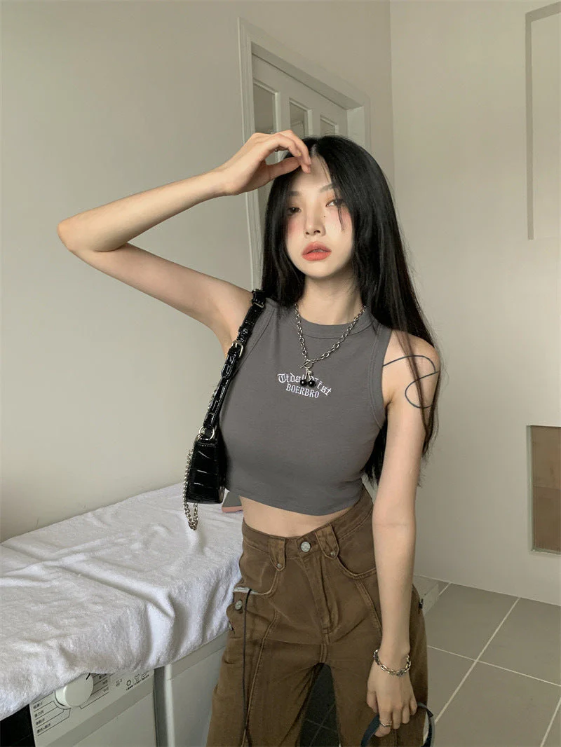 Letter Embroidery Ribbed Cropped Tank Top - Image 5