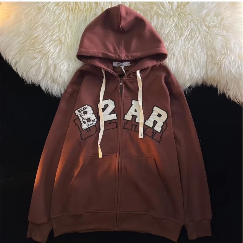 Letter Embroidery Zip Up Oversized Hoodie - Image 2