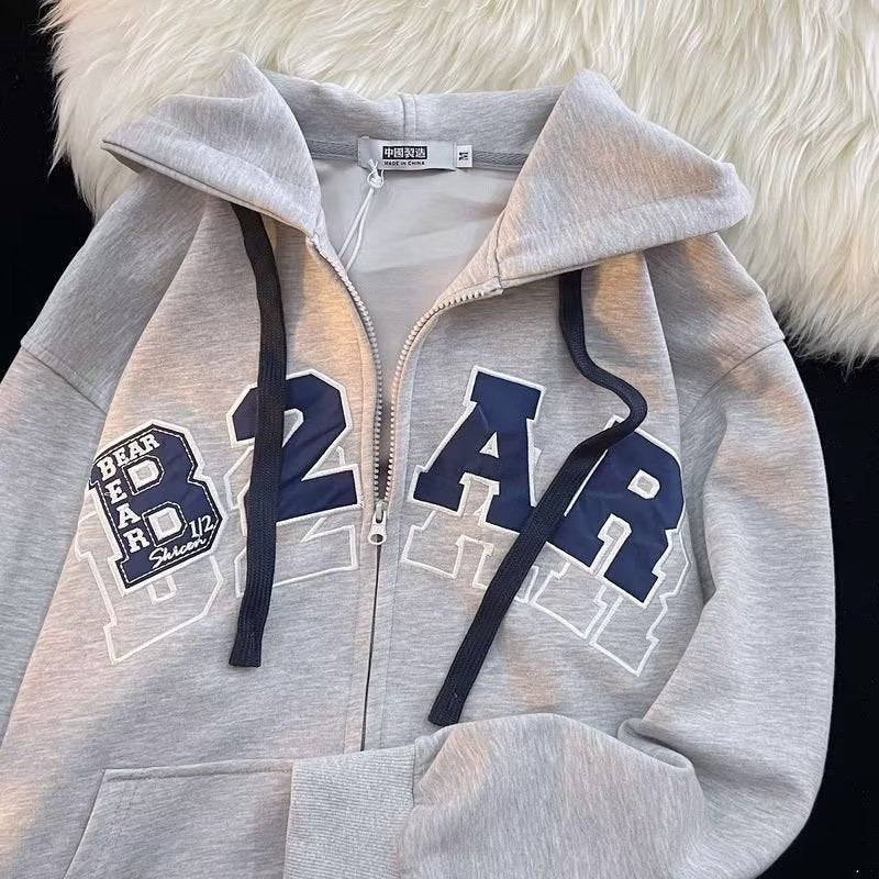 Letter Embroidery Zip Up Oversized Hoodie - Image 3