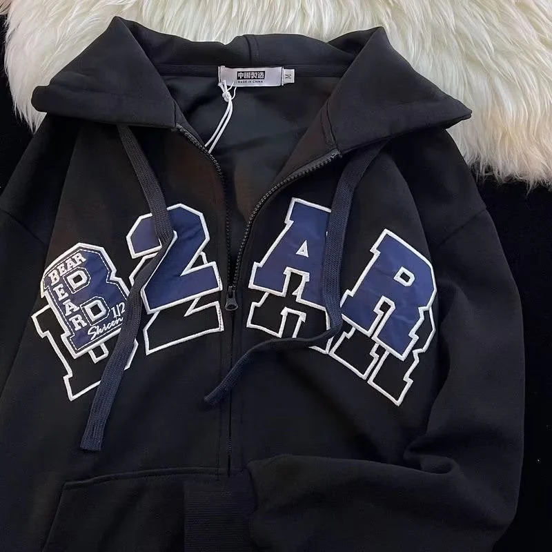 Letter Embroidery Zip Up Oversized Hoodie - Image 6