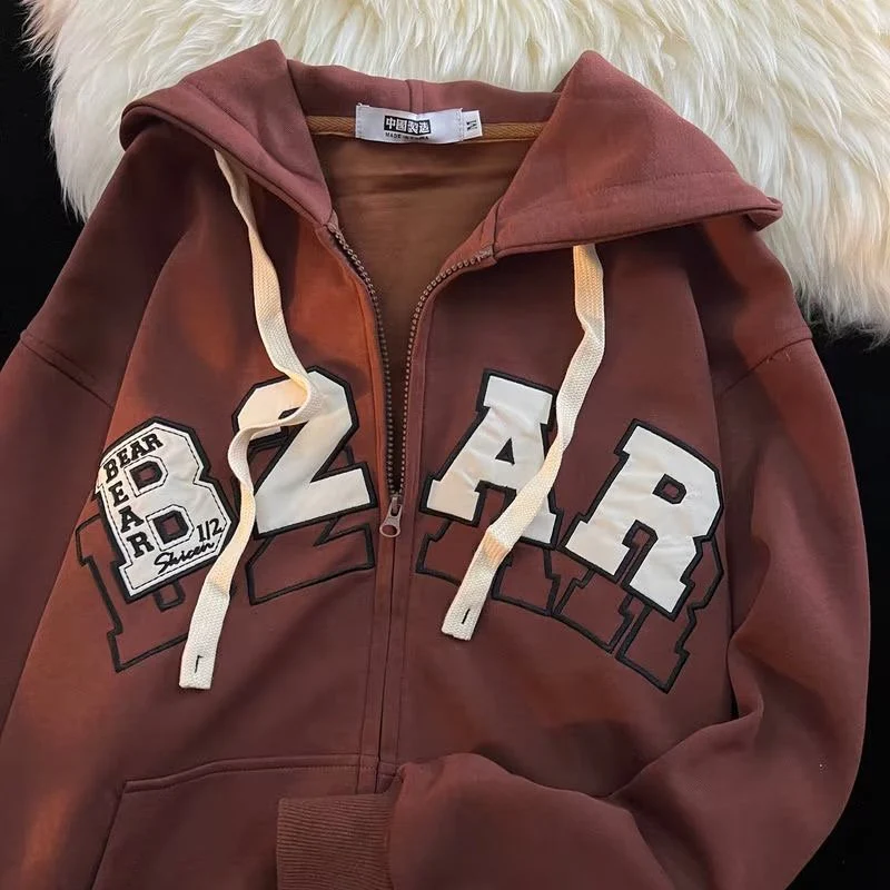 Letter Embroidery Zip Up Oversized Hoodie - Image 7