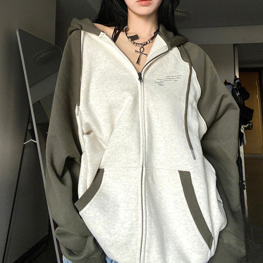 Letter Graphic Color Block Zip Up Hoodie