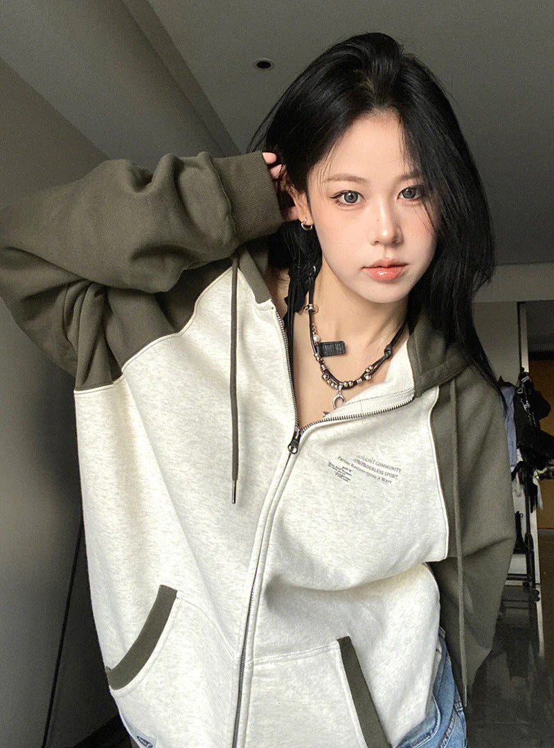 Letter Graphic Color Block Zip Up Hoodie - Image 5