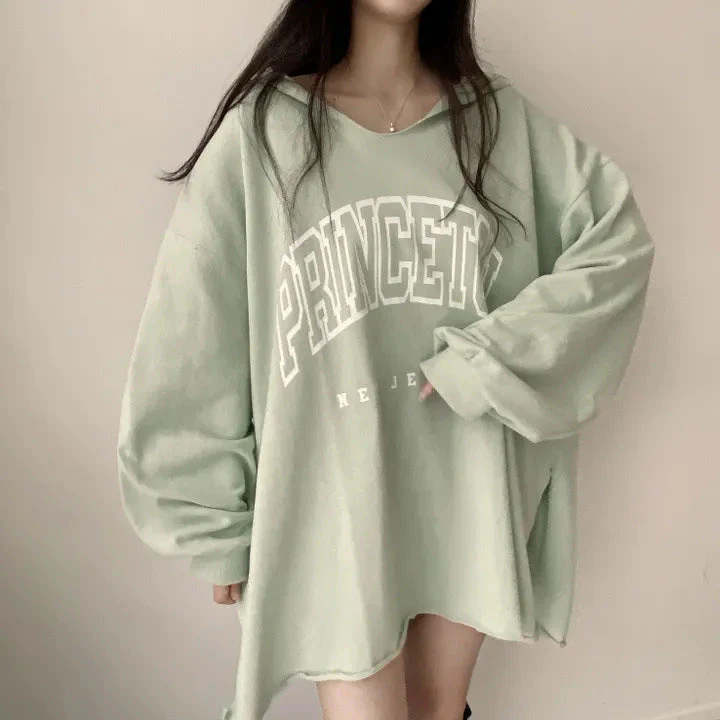 Letter Print Oversized Hooded Long Sleeve Tee - Image 2