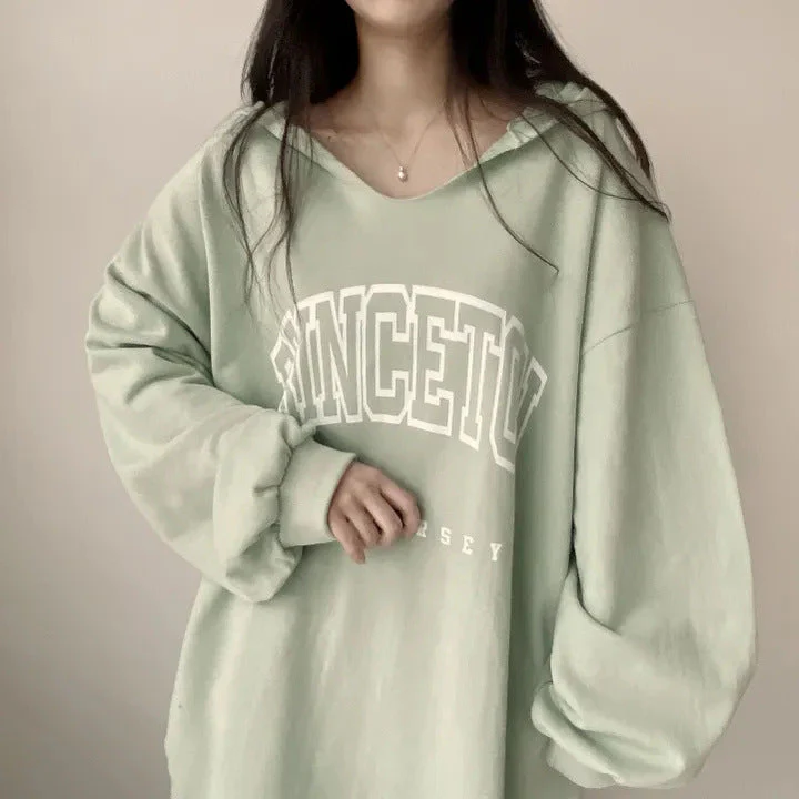Letter Print Oversized Hooded Long Sleeve Tee - Image 5