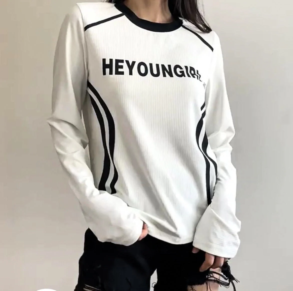 Letter Print Patchwork Long Sleeve Tee - Image 2